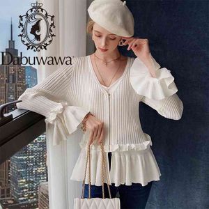 Dabuwawa Sweet White Ruffle Hem Cardigan Women Zipper Autumn Winter Ruffled Sleeve V-Neck Knit Sweater Female DT1DKJ003 210520