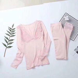 Women's Two Piece Pants Thermal Underwear Set Lace Women Winter Clothing Warm Suit Long Sleeve Top Leggings Undershirt Black X358