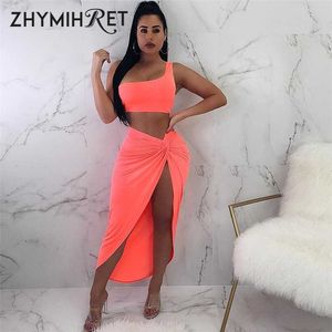 Zhymihret 2021 летний неоновый цвет двух частей набор платья для женщин один на плечо сторона ruched высокое разделительное платье bandange vestidos y0603