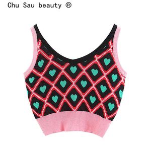 Chu Sau beauty Sweet Chic Heart Color Block Knitted Vest Women Casual Style Navel Exposed Short Sweater Vestidos De Mode 210508