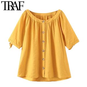 Kvinnor mode med båge bundna lösa blusar vintage kortärmad knapp-up kvinnliga skjortor blusas chic toppar 210507
