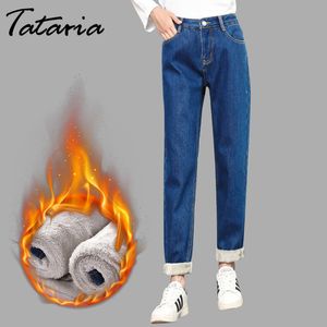 Tataria sammet tjocka varma kvinnors vinter jeans höga midja byxor cowboy byxor lösa denim harem kvinnor 210514