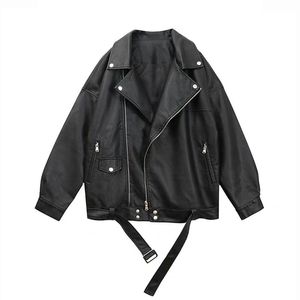 Women's Jackets Women Loose Leather Jacket Black Soft Faux Tops Street Moto Biker Coat Lady Casual Long Sleeve Outerwear