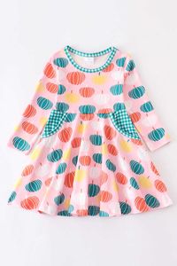 Girlymax Fall Baby Girls Chlidren Kids Clothing Milk Silk Pumpkin Twirl Dress Plaid Pocket Knee Length Long Sleeve Q0716
