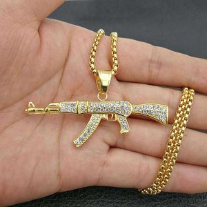 Hip Hop Rhinestones Paved Bling Iced Out Gold Silver Color Stainless Steel AK 47 Gun Pendants Necklace Men Rapper jewelry