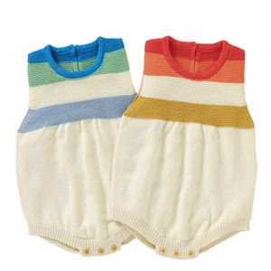 Kläder Rainbow Född 0-3yrs Stickade Rompers Girls Bomull Ärmlös Infant Baby Jumpsuit för Boys Romper Overaller 210417