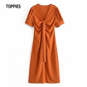 Orange Midi Dress for Woman Summer Short Sleeve T-shirt Pleated with Ribbon Wood Button 210421