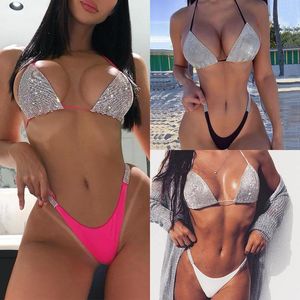 Sexig bikini kvinnor 2 bit badkläder set paljett diamant baddräkt sommar strand triangel baddräkt kvinnlig låg midja biquini kvinnor