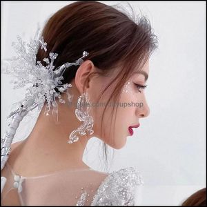 Düğün Bantları Setleri toptan satış-Saç Klipler Barrettes Takı Moda Sıvı Çiçek Saten Uzun Bantlar Küpe Setleri Beautif Kore Kristal Çiçekler Suit Düğün Gelin Bırak