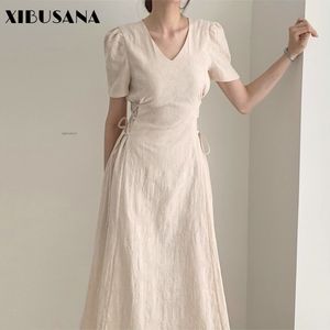 Summer Korean Chic Elegant Dresses French Pattern V-neck High Waist Side Strap Mid-Length Short Sleeved Wool Dress 210423