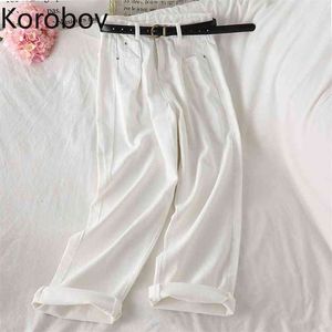 Korobov Neue Hohe Taille Frauen Breite Bein Hosen Adrette Taschen Vintage Weibliche Hosen Streetwear Koreanische Jeans 210430
