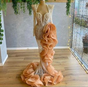 Luxus 2021 Meerjungfrau Abendkleid High Side Split Rüschen Perlen Langarm Abendkleider Illusion Robes De Soir￩e