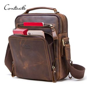 CONTACT'S Crazy Horse Leather Men's Shoulder Bag Vintage Messenger Bags Men Bolsos Male Crossbody Bags Man's Handbag Sling Bag