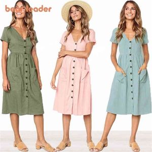 Urso líder verão casual maternidade vestido moda vintage v-pescoço de manga curta trajes mulheres bolso feminino senhoras vestidos 210708