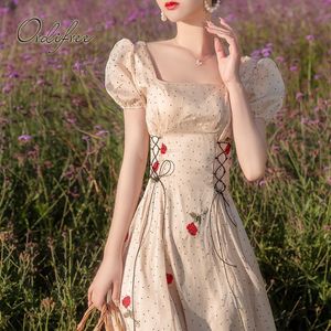 夏のヴィンテージの女性の花の日焼け止め半袖花刺繍エレガントなセクシーパーティーミディド​​レス210415