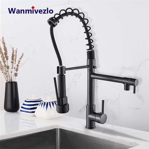 Black Spring Kitchen Faucet Pull out Side Sprayer Dual Spout Tap Deck Mount Kitchen Mixer Tap Kitchen Cold Water tap Crane 211108