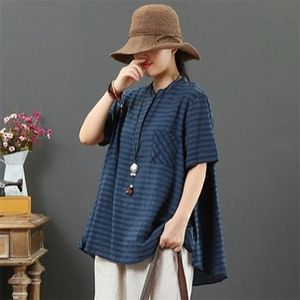 Verão Artes Estilo Mulheres Manga Curta Solta Casual Camisas De Algodão Linho Listrado Vintage Blusas Plus Size Femme Tops M107 210512