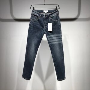 Erkekler kot pantolon yeni baskı klasik dört bar çizgili streç ince fit pantolon denim pantolon