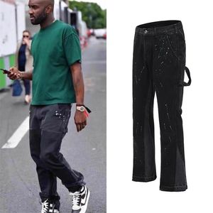 Urban Streetwear Flare Calças Black Largam Leg Jeans Hip Hop Splashed Tinta Calças Homens Patchwork Slim Fit Denim Para 220115