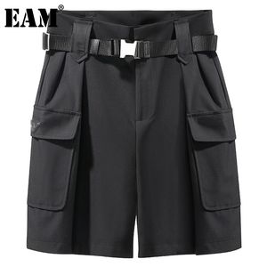 [EAM] Yüksek Bel Siyah Cep Kanatları Diz Boyu Pantolon Gevşek Fit Kargo Pantolon Kadın Moda İlkbahar Yaz 1DD7428 21512