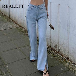 Letnie damskie dżinsy wysokiej talii dorywczo spodnie proste dżinsowe streetwear strony podzielone szerokie nogi długie spodnie 210428