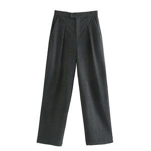 Elegante alta cintura cintura calça mulheres moda solta calças sólidas elegantes bolsos de senhoras longas calças largas 210520