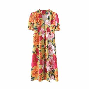 Übergroße Frauen V-Ausschnitt gerades Kleid Sommermode Damen chinesischen Stil weibliche Blume Ölgemälde Druck 210515