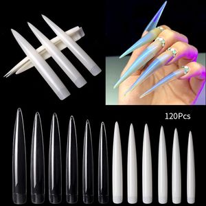 120 Stück extra lange Stiletto-Nagelspitzen, 10 Größen, natürliches, klares Acryl, künstliche Nägel für Salons, Unterrichtspraxis und DIY-Make-up