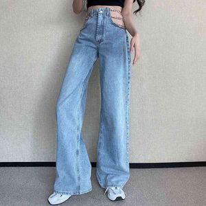 Sexy Hollow waist chain Jeans Women's Summer Thin High Waist Wide Leg Pants Straight Loose Skinny Womens clothing 880H 210420