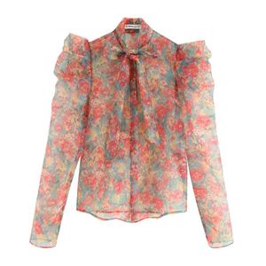 Organza Top Blus Se igenom Transparent Vintage Blommor Floral Ladies Blusar Kvinnor Långärmad 2021 Kvinnors Skjortor