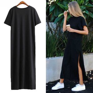 Summer Long T Shirt Women Black T-shirt Sexy Side Slit Short Sleeve Big Size Thin Long Women Tops Tees Female Tshirt Y0629