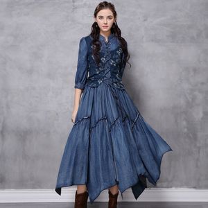 Johnature mulheres retalhos vintage denim vestidos irregular outono stand alta cintura feminina vestidos estilo chinês 210521