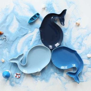 Piatto da pranzo con balena dei cartoni animati del Nord Europa, in porcellana, per bambini, in ceramica blu, con frutta, piatti decorativi