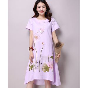 Sommer Kleid Plus Größe Kurzarm Weiß Frauen Casual Baumwolle Leinen Kleider Lotus Druck Oansatz Vestidos de Festa