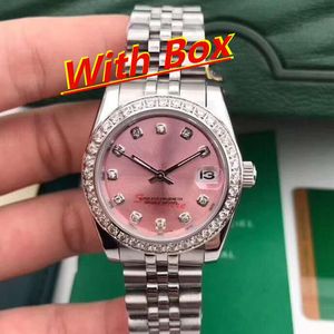 Med träglåda Hot Seller Womens Watch Mechanical Automatic 36mm Diamond Bezel Sapphire Cystal Ladies Watches rostfritt stål Vattentäta armbandsur