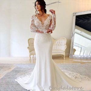 Simple Satin Mermaid Wedding Dress With Lace Sexy V Neck Backless Boho Wedding Dresses 2022 Long Sleeve Beach Bohemian Bridal Gowns Robes De Mariage Vestido Boda