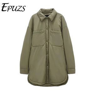 Chegada de moda de inverno vire para baixo colarinho camisa de manga comprida casacos preto mulheres verde parkas com bolsos mujer maciço jaquetas 211014