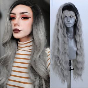 Long Ombre Grey Lace Front Wigs With Dark Roots Heat Resistant Body Wave Synthetic Wig Simulation Human Hair Cosplay