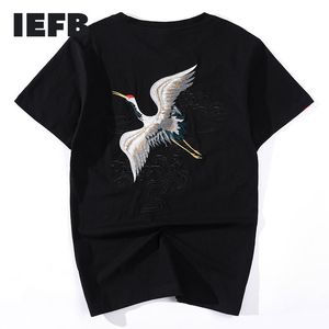 IEFB Yaz Nakış Vinç Pamuk Yuvarlak Boyun Çin Stil T-Shirt Erkekler Için Moda Gevşek Kısa Kollu Tee Tops 9Y5865 210524