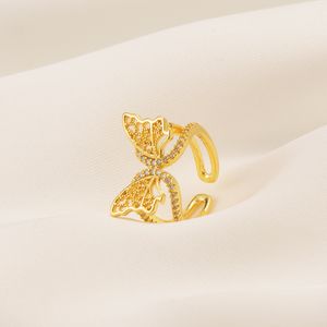 Luxury Ladies 24K Fine Solid Ring Gold Finish Pretty Butterfly Cut CZ Diamond Band Bridal Daith Helix Hoop Adjustable