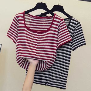 L-4XL Plus Size Women Fashion Hollow Out Sweater Pullover Loose Casual Short Sleeve Stripe Kint T Shirt Overized Sweaters 210604