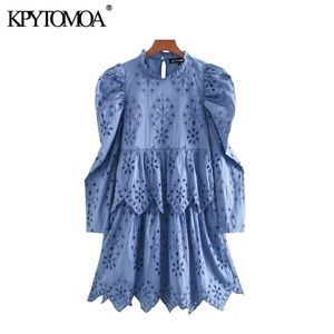 Kobiety Chic Moda Hollow Out Haft Mini Dress Vintage Wysokiej Neck Rękawem Puff Smoksy Sukienki Vestidos Mujer 210416