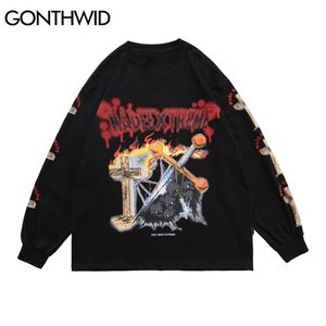 Magliette oversize Hip Hop Streetwear Fire Flame Cross Sword Skull Tee Shirts Harajuku Punk Rock Gothic Top manica lunga 210602