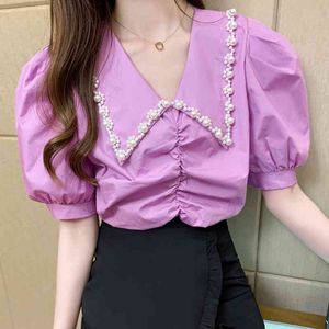 Luźne fałdy Kobiety Topy Lato Szyfonowe Bluzki Koszula Odzież damska Kwiat Koralik Elegancka Koreańska odzież mody 63A 210420