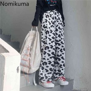 Nomikuma Wide Benbyxor Kontrastfärg Tryckt hög midja Casual Trousers Kvinnor All-Match Loose Pantalones Streetwear 210514