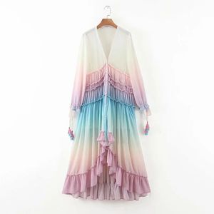 Vintage Chic Colore sfumato Nappa Pizzo-up Polsino Maxi Abito in chiffon Moda donna Button-up Ruffles Abiti pieghettati 210520