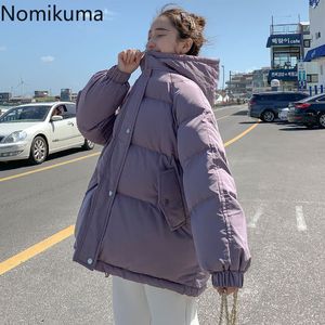 Nomikuma Kış Ceketler Kadınlar Katı Renk Kore Chic Mont Kapşonlu Uzun Kollu Casual Gevşek Parka Ceket Moda 3D314 210514