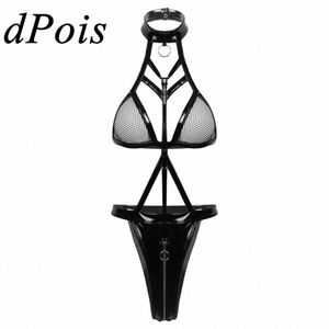 Kadın Bodysuit Tek Parça Islak Görünüm Patent Deri Seksi Vücut Takım Halter Boyun Fishnet Bardak Fermuar Krot High Cut Thong Leotard L2ID#