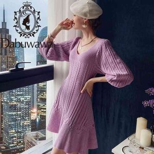 Dabuwawa Elegant Pink A-line Knit Dress Women Autumn Winter Lantern Sleeve Ruffle Hem V-Neck Sweet Dresses Female DT1CDR021 210520