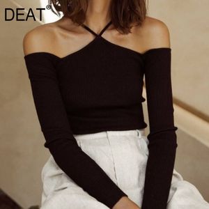 DEAT Paski z ramienia Pełne rękawy Elastyczne Pullover Knitting Slim Sexy Top Female Vestido Lato i jesieni WR12400M 210428